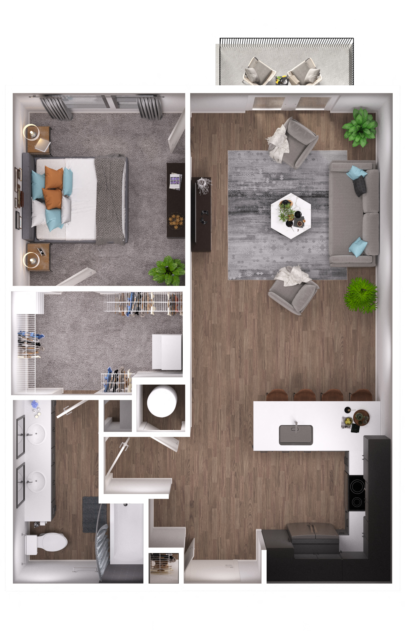 Floor plan for 1 bed, 1 bath, 800 sqft